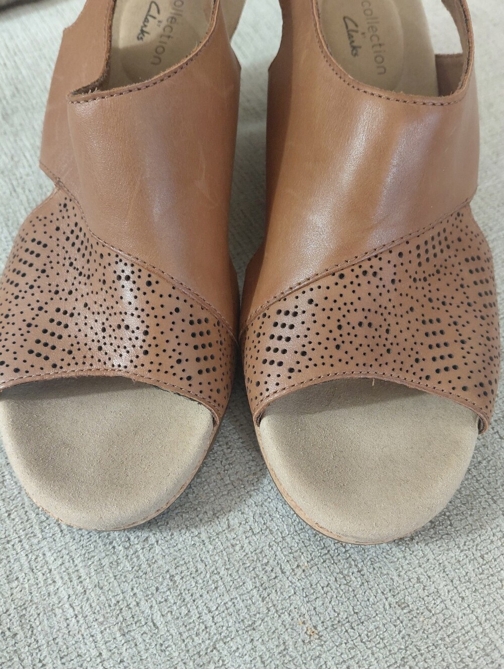 Clarks Brown Leather Perforated Slingback Wedge Sandals - Picture 4 of 11